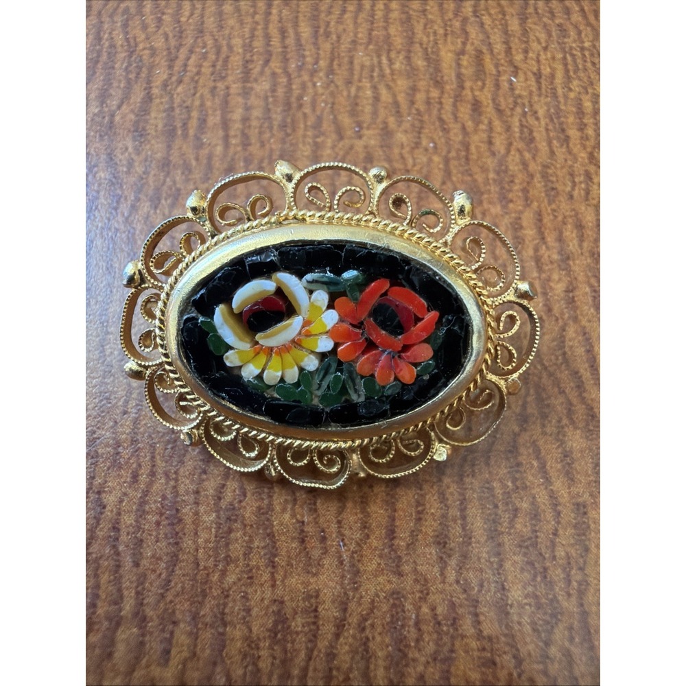 Vintage Oval Micro Mosaic Floral Pun/ Brooch Hand Painted Made In Italy Stamped